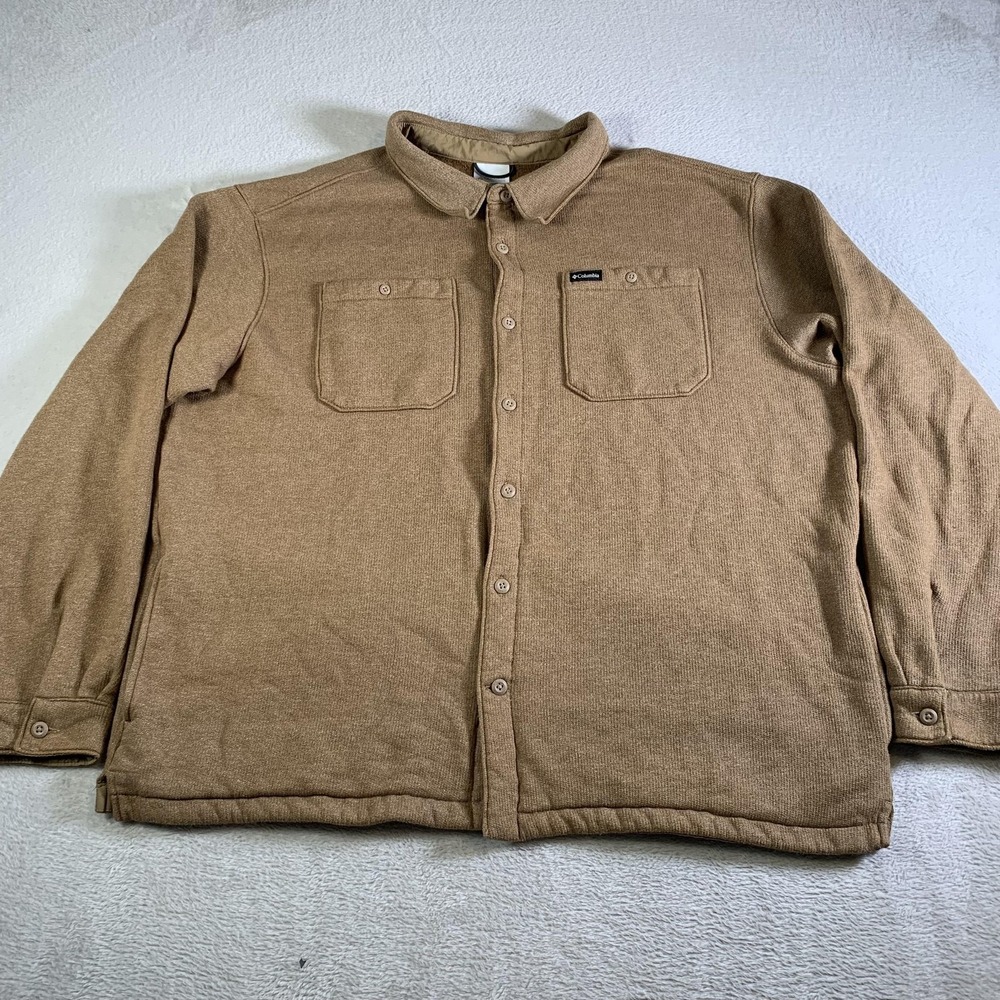 Columbia Shirt Jacket Mens 2XL Brown Fleece Lined Button Front Outdoor Casual